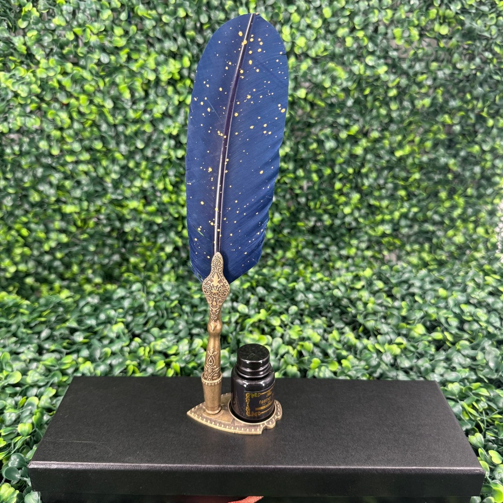 Feather Quill Pen Calligraphy Set Navy Blue Gold Speckle Ink & Nibs